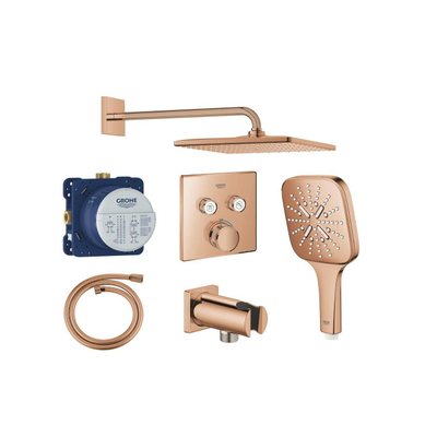 Grohe Grohtherm regendoucheset inbouw - hoofddouche vierkant - handdouche vierkant - gebogen wandarm - warm sunset (koper)