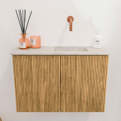 Mondiaz JOYA-DLUX 60cm toiletmeubel - kleur Oak - Wastafel FAYE positie Rechts Zonder kraangat kleur Ostra.