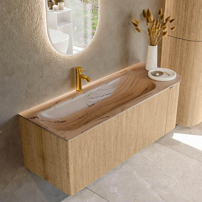 MONDIAZ KURVE-DLUX 125cm badmeubel ronding Rechts kleur Oak met 1 lade en 1 deur. Wastafel BIG MEDIUM Links 1 kraangat Arena.