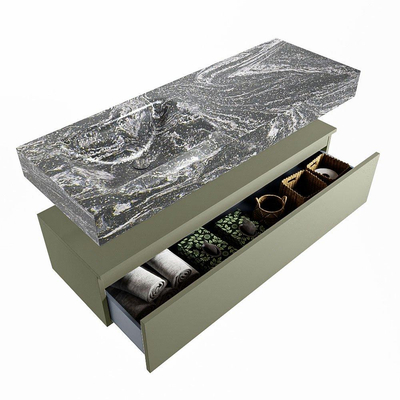 Mondiaz ALAN-DLUX Ensemble de meuble - 130cm - meuble Army mat - 1 tiroir - Lavabo Cloud Lava suspendu - vasque Gauche - 0 trous de robinet