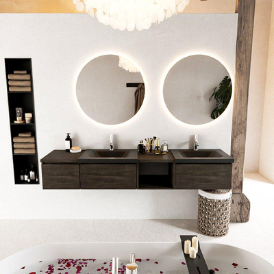 MONDIAZ BUKLA 200cm ensemble de meuble avec module ouvert 40 à droite couleur Marron Foncé avec 3 tiroirs. Lavabo CLOUD double 2 trous de robinet couleur Urban.