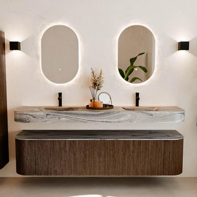 MONDIAZ THOR-DLUX 190cm badmeubel ronding links + rechts kleur Walnut met 2 lades en 2 deuren. Vrijhangende wastafel CLOUD Dubbel 2 kraangaten kleur Sombra.