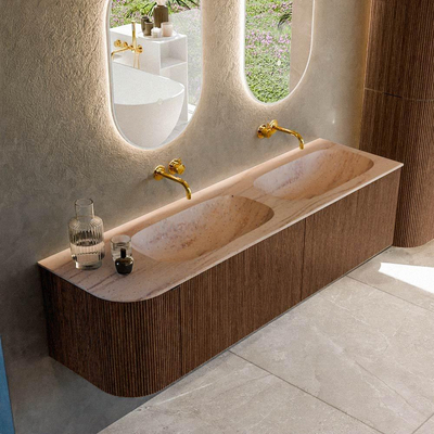 MONDIAZ KURVE-DLUX Meuble de salle de bains 165cm arrondi à gauche couleur Walnut avec 2 tiroirs et 1 porte. Lavabo STOR SMALL Double / À droite sans trou de robinet Saba.