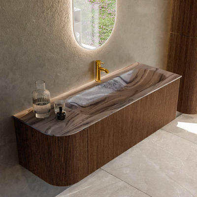 MONDIAZ KURVE-DLUX 135cm badmeubel ronding Links kleur Walnut met 1 lade en 1 deur. Wastafel BIG MEDIUM Rechts 1 kraangat Sombra.