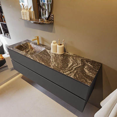 Mondiaz VICA-DLUX ensemble de meuble de salle de bain - 150cm - meuble sous-vasque gris foncé - 2 tiroirs - lavabo encastré cloud gauche - 1 trou de robinet - version haute de 60cm - lave