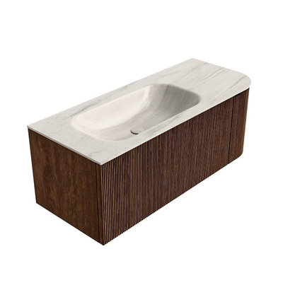 MONDIAZ KURVE-DLUX 115cm badmeubel ronding Rechts kleur Walnut met 1 lade en 1 deur. Wastafel BIG SMALL Links zonder kraangat Meli.