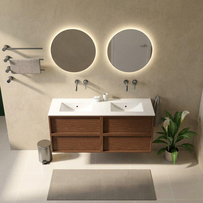 Saniclass Holz Frame Ensemble meuble de salle de bains - 140x45x62cm - Lavabo Vygo en céramique blanc - 2 vasques - sans trous de robinetterie - 4 tiroirs - brillant walnut pure (bois)