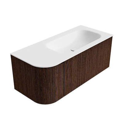 MONDIAZ KURVE Meuble de salle de bains 105 cm avec module 25 L couleur Walnut avec 1 tiroir et 1 porte. Vasque BIG SMALL à droite sans trou de robinet Talc.