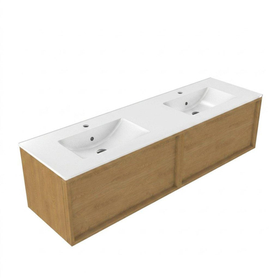 Saniclass Holz Frame Ensemble de meubles de salle de bains - 160x45x42cm - Vasque Vygo en céramique blanche - 2 vasques - 2 trous de robinet - 2 tiroirs - chêne naturel mat (bois)