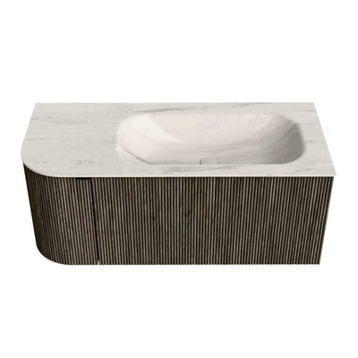 MONDIAZ KURVE-DLUX Meuble de salle de bains 105cm arrondi à gauche couleur Shadow avec 1 tiroir et 1 porte. Lavabo BIG SMALL à droite 1 trou de robinet Meli.