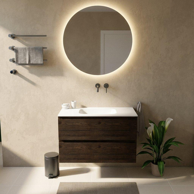 Saniclass Holz Pure Ensemble de meubles de salle de bains - 100x45x61.5cm - Flow lavabo en solid surface blanc - 1 vasque - sans trou de robinet - 2 tiroirs - chêne charcoal mat (bois)