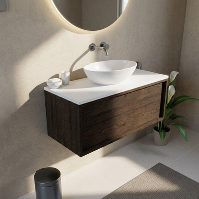 Saniclass Holz Frame Ensemble de meubles de salle de bains - 100x45x42.5cm - Plan Torino en Solid Surface blanc - sans trou de robinet - 1 tiroir - chêne charcoal mat (bois)