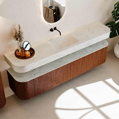 MONDIAZ THOR-DLUX 200cm meuble de salle de bains arrondi gauche + droite couleur Ruby avec 2 tiroirs et 2 portes. Vasque suspendue CLOUD Milieu sans trou de robinet couleur Opalo.