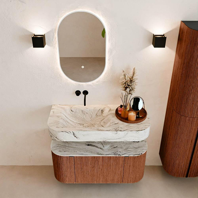 MONDIAZ THOR-DLUX 100cm meuble de salle de bains arrondi gauche + droite couleur Ruby avec 1 tiroir et 2 portes. Vasque suspendue CLOUD Gauche sans trou de robinet couleur Glace.