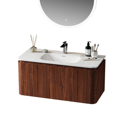 Royal Plaza Terra Badkamermeubelset - 100x46.2x46cm - solid surface wastafel wit mat - 1 wasbak - 1 kraangat - 2 lades - kastanje (walnoot)