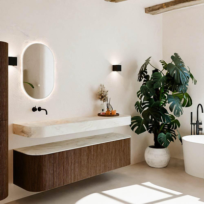 MONDIAZ THOR-DLUX 170cm meuble de salle de bains arrondi gauche + droite couleur Walnut avec 1 tiroir et 2 portes. Vasque suspendue CLOUD Gauche sans trou de robinet couleur Ostra.