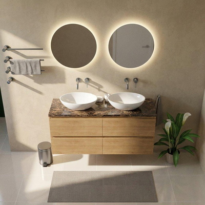 Saniclass Holz Pure Ensemble de meubles de salle de bains - 140x45x63cm - Plan de toilette en pierre naturelle Noche dark emperador - sans trou de robinet - 4 tiroirs - chêne natural mat (bois)