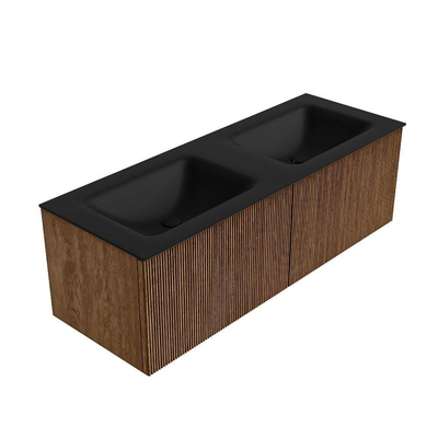 MONDIAZ KURVE 130cm Meuble salle de bain - couleur Walnut - 2 tiroirs - vasque CLOUD double - sans trous de robinet - Urban