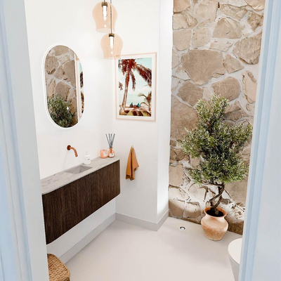 Mondiaz JOYA-DLUX 113.2cm toiletmeubel - ronding links en rechts kleur Walnut - Wastafel FAYE positie Midden Zonder kraangat kleur Glace.