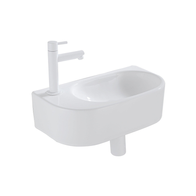 QeramiQ Fuente Ensemble de Lavabo - 40x21.5x12cm - gauche - lisse - demi-rond - 1 trou de robinet - céramique - ensemble de robinet blanc mat - bouchon de vidange - siphon abaissé - blanc brillant