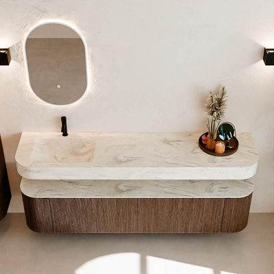 MONDIAZ THOR-DLUX Meuble de salle de bains 190cm arrondi gauche + droite couleur Walnut avec 2 tiroirs et 2 portes. Vasque suspendue CLOUD Gauche 1 trou de robinet couleur Ostra.