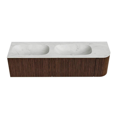 MONDIAZ KURVE-DLUX meuble de salle de bains 165 cm avec module 25 R couleur Walnut avec 2 tiroirs et 1 porte. Lavabo STOR SMALL double / gauche 2 trous de robinet couleur Opalo.