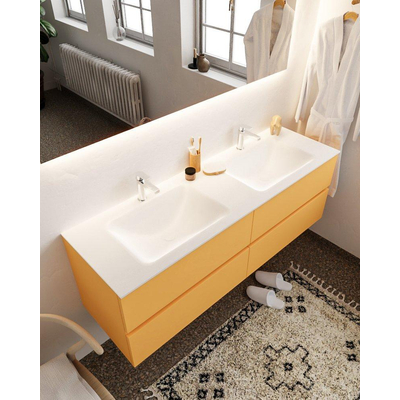 MONDIAZ VICA Ensemble de meuble salle de bain - 150cm - 4 tiroirs - lavabo Cloud double - 2 trous de robinet - solid surface ocre