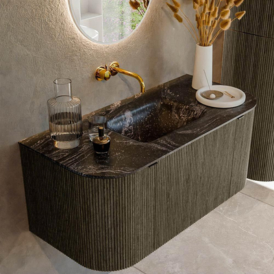 Ensemble de meuble de salle de bain Mondiaz KURVE-DLUX - 100x46x40cm - 1 tiroir - 2 portes - lavabo en solid surface - milieu - sans trou de robinet - Shadow