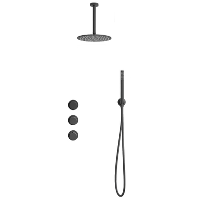 Fortifura Nebbio Regendoucheset - inbouwkraan - inbouwdeel - wandaansluitbocht - doucheslang glad - staafhanddouche - 20cm plafondarm - ronde hoofddouche - PVD - geborsteld gunmetal (antraciet)