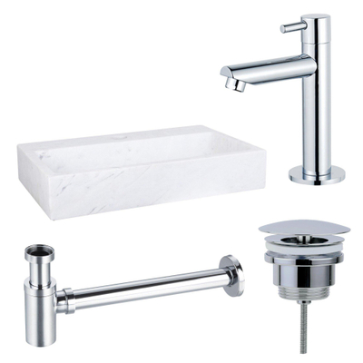 FortiFura Fuente Pack Lave-mains - 38x24x8cmcm - 1 trou de robinet - marbre - robinet Chrome - Blanc