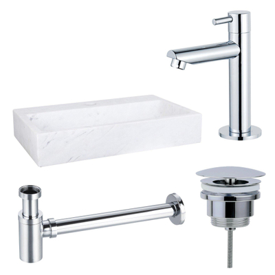 FugaFlow Eccelente Pietra ensemble de lavabo - 38x24x8cm - 1 trou de robinet - marbre - robinet de lavabo chrome - blanc