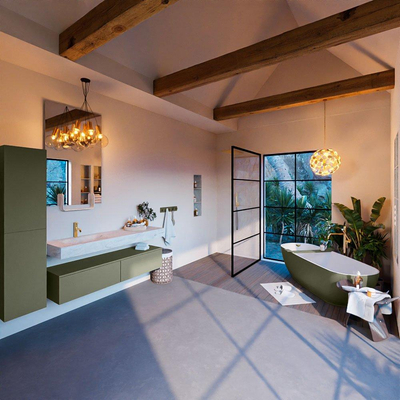 Mondiaz ALAN-DLUX Ensemble de meuble - 150cm - meuble Army mat - 2 tiroirs - Lavabo Cloud Opalo suspendu - vasque Gauche - 1 trou de robinet