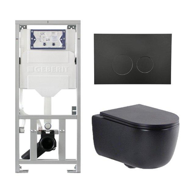 QeramiQ Dely Swirl Toiletset - 36.3x51.7cm - Geberit UP320 inbouwreservoir - met Burda frame - slim zitting - mat zwarte bedieningsplaat - ronde knoppen - mat zwart