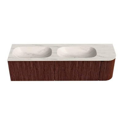 MONDIAZ KURVE-DLUX 165cm meuble de salle de bains avec arrondi à droite couleur Ruby avec 2 tiroirs et 1 porte. Lavabo STOR SMALL Double / Gauche 2 trous de robinet Meli.