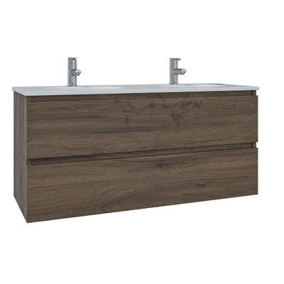 Saniclass Chaci Ensemble meuble de salle de bains - 120x46x55cm - lavabo en céramique blanc - 2 vasques ovales - 2 trous de robinetterie - 2 tiroirs - armoire de toilette - noyer (bois)