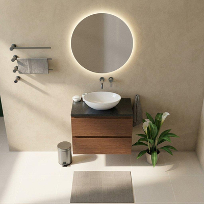 Saniclass Holz Pure Ensemble meuble de salle de bains - 80x45x63cm - plan vasque en basalte Noche poli (noir) - sans trou de robinet - 2 tiroirs - walnut pure mat (bois)