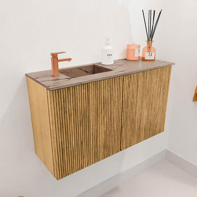 Mondiaz JOYA-DLUX 70cm toiletmeubel - kleur Oak - Wastafel FAYE positie Links 1 kraangat kleur Arena.