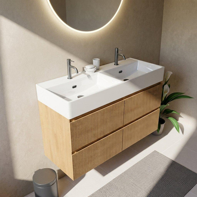 Saniclass Holz Atelier Ensemble de meubles de salle de bains - 120x45x72cm - Legend lavabo en céramique blanc - 2 vasques - 2 trous de robinet - 2 tiroirs - chêne natural mat (bois)