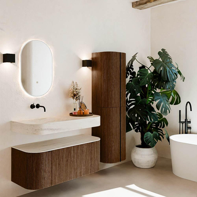 MONDIAZ THOR-DLUX 110cm meuble de salle de bains arrondi gauche + droite couleur Walnut avec 1 tiroir et 2 portes. Vasque suspendue CLOUD Gauche sans trou de robinet couleur Meli.