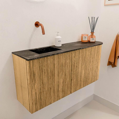 Mondiaz JOYA-DLUX 91.6cm toiletmeubel - ronding rechts kleur Oak - Wastafel FAYE positie Links Zonder kraangat kleur Lava.