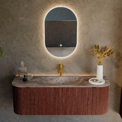 MONDIAZ KURVE-DLUX 130cm badmeubel ronding Links + Rechts kleur Ruby met 1 lade en 2 deuren. Wastafel BIG SMALL Midden 1 kraangat Oza.