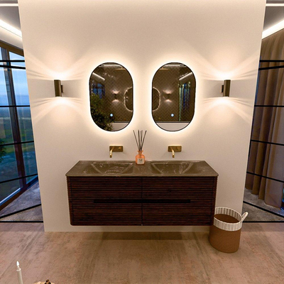 Mondiaz CIRO-DLUX Ensemble de meubles de salle de bains - 140x45x50cm - Plan-vasque solid surface Lava - 2 vasques double - sans trous de robinet - 4 tiroirs - Noyer