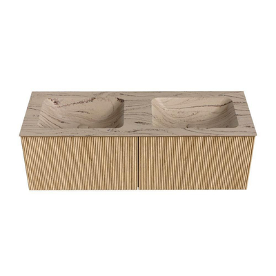 MONDIAZ KURVE-DLUX 130cm badmeubel kleur Oak met 2 lades en 0 deuren. Wastafel LEAF Dubbel 2 kraangaten Arena.