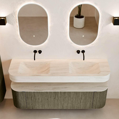 MONDIAZ THOR-DLUX 160cm meuble de salle de bains arrondi gauche + droite couleur Shadow avec 1 tiroir et 2 portes. Vasque suspendue CLOUD Double sans trou de robinet couleur Meli.