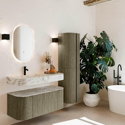 MONDIAZ THOR-DLUX Meuble de salle de bains 110cm arrondi gauche + droite couleur Shadow avec 1 tiroir et 2 portes. Vasque suspendue CLOUD Gauche 1 trou de robinet couleur Glace.