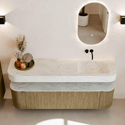 MONDIAZ THOR-DLUX Meuble de salle de bains 170cm arrondi gauche + droite couleur Dusk avec 1 tiroir et 2 portes. Vasque suspendue CLOUD Droite sans trou de robinet couleur Opalo.