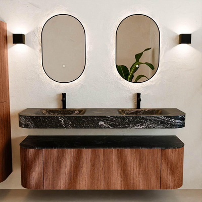 MONDIAZ THOR-DLUX 160cm meuble de salle de bains arrondi gauche + droite couleur Ruby avec 1 tiroir et 2 portes. Vasque suspendue CLOUD Double 2 trous de robinet couleur Lava.