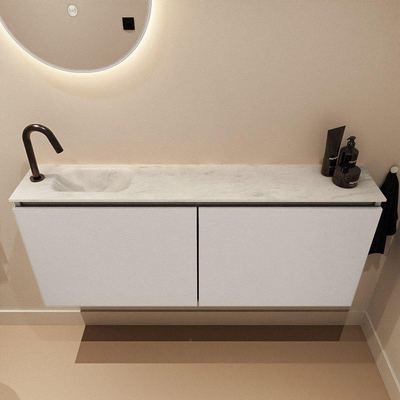 MONDIAZ TURE-DLUX meuble WC 120 cm Linen. EDEN vasque Opalo position à gauche. Avec 1 trou de robinet.