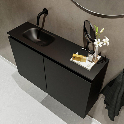 Mondiaz TURE Meuble lave-mains 80x23x50cm sans trous de robinet 2 portes Urban mat Lavabo Eden Gauche Solid Surface Noir