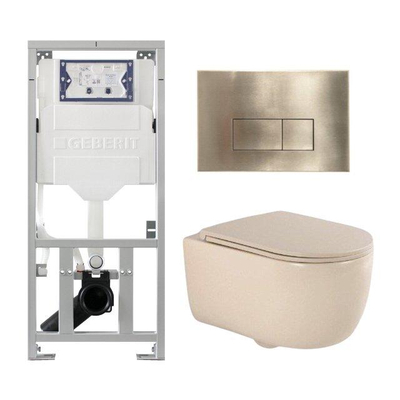 QeramiQ Dely Swirl Ensemble WC - 36.3x51.7cm - Réservoir encastré Geberit UP320 - Abattant fin - Plaque de commande en laiton brossé - Boutons rectangulaires - Beige